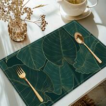 14/6pcs Palm Leaf Placemats, Tropical Green Leaf & Calathea Plant Design Dining Table Mats, Hawaiian Seasonal Kitchen & Home Decor