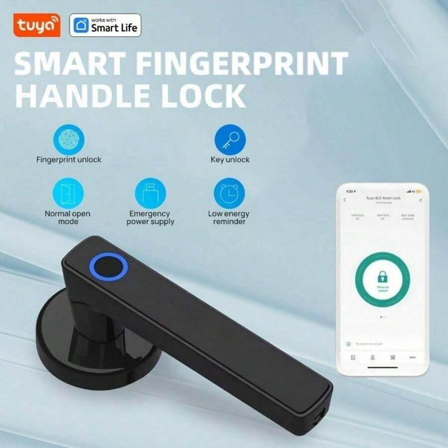 Graffiti Smart Fingerprint Door Handle Lock - Wireless, Battery Powered, 3 Unlock Modes (Fingerprint, Key, App), Wireless Enabled, Touch Sensor, Compatible With Smart Living, Suitable For Home, Restaurant, Office, Apartment, Bedroom - Black Metal Security Handle, Battery Free, Portable Door Lock