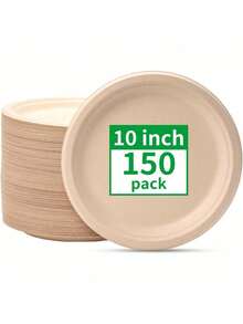 Platos de papel compostables de 10 pulgadas [paquete de 150], platos de papel desechables resistentes, hechos de fibras naturales de caña de azúcar, sin blanquear color marrón, redondos - Blanco - Ver 10