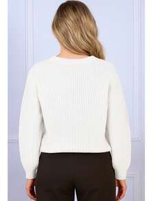 Women's Ribbed Knit Blouse Long Sleeve Round Neck Simple Casual Knitted - White - View 2