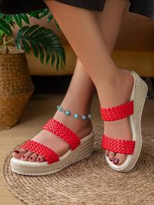 女士厚底编织草绳夏季海滩度假外出个性化时尚一脚蹬坡跟凉鞋 - 紅色 - 查看 1