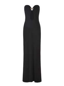 Damska sukienka maxi bez ramiączek z wycięciem – elegancka dopasowana wieczorowa suknia na imprezę, wesele, koktajl i formalne wydarzenia