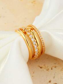 1 pieza Anillo de mujer personalizado de 4 capas de cobre con circonita, versátil y creativo, adecuado para fiesta, regalos de festivales, uso diario