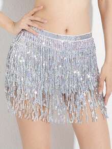 1 件女士黑色亮片流苏肚皮舞裙，时尚舞蹈腰带，夏季、秋季、万圣节