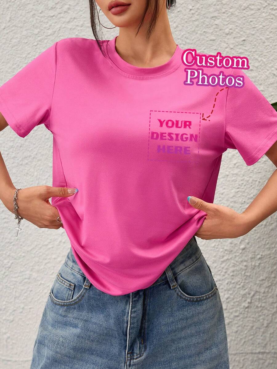 Customized Women's T-Shirt Add Your Photo Personalized Printed Short Sleeve Top Custom Graphic Straight Shoulder T-Shirt For Sports Slogan Oversized Streetwear - Hot Pink - View 1
