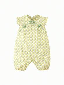 mini bala Girls' Chinese Cheongsam Romper – Flutter Sleeve & Egg Shape – Summer Outfit - Yellow-green Hue - View 4