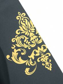 男士休闲商务花卉缎面字母印花立领拉链长袖羊毛夹克和抽绳腰长裤套装，秋冬 - 深灰色 - 查看 8