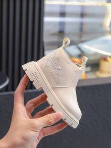 1 双儿童秋冬新款侧拉链刺绣靴，时尚百搭女童刺绣户外防滑靴 - 米色 - 查看 3