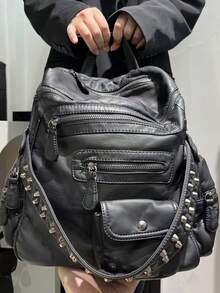 Ladies' Fashionable Y2K Vegan Leather Backpack With Large Capacity, Vintage And Spicy Girl Made Old Shoulder Bag, Multiple Pockets, Rivet Women's Wallet Suitable For Daily Commuting, Is A Perfect Holiday Gift - màu đen - Xem 2