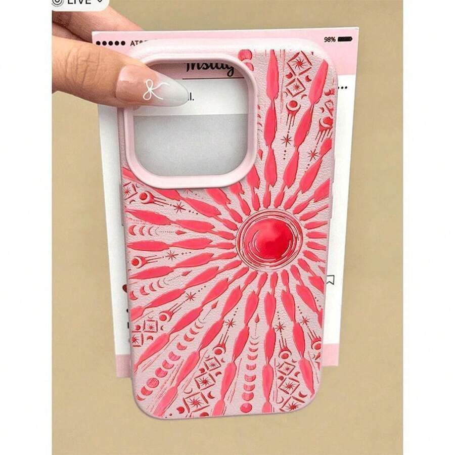 1pcs Sun Totem  Pattern Texture Phone Case For IPhone 16 Pro Max 15 14 13 12 11 Pro Plus IP13ProMax/IP14ProMax X Xs Case - 粉色 - 查看 1