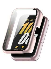 Funda de reloj + Película protectora de pantalla de vidrio templado compatible con Samsung Galaxy Fit 3 para hombres y mujeres, funda rígida de PC anti-caída y anti-arañazos, protector de pantalla HD, protección trasera de la muñeca contra daños - Oro rosa - Ver 3