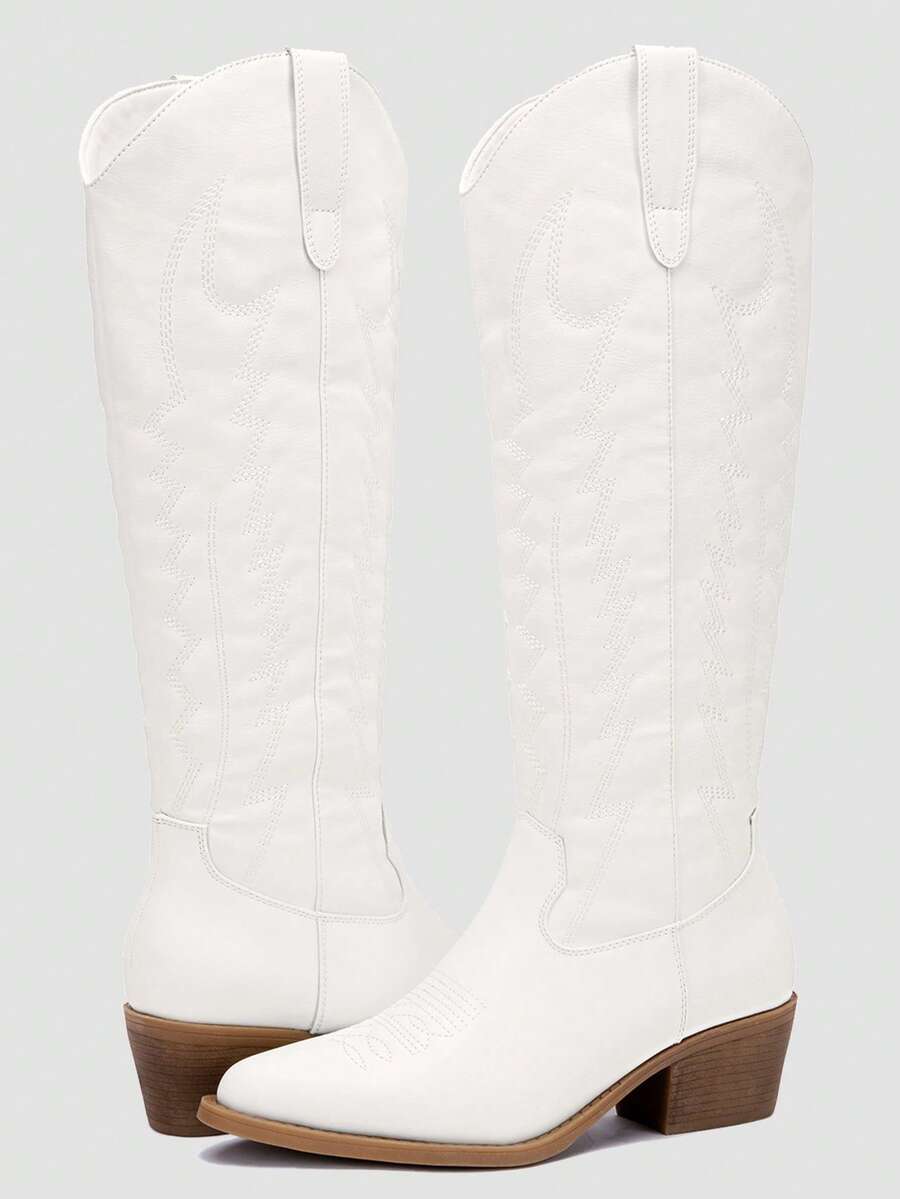 GLOBALWIN Women's Knee High Long Pointed Toe Western Cowboy Boots For Women Fall Boots Halloween Season - 白色 - 查看 1