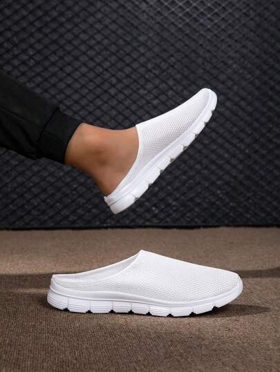 Spring/Summer New Breathable Mesh Casual Minimalist Versatile Slip-On Slippers, Pure White Or Pure Black, Suitable For Indoor/Outdoor Wear, Convenient Slip-On Design For Men