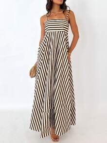 Women Y2K Maxi Dress Smocked Spaghetti Strap Sleeveless Long Flowy Dress Boho Backless Aline Long Dress Summer Casual Beach Sun Dress - 棕色 - 查看 1