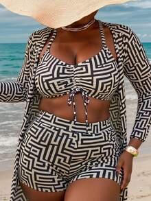 Slaydiva Conjunto de bikini de talla grande de 3 piezas con estampado geométrico all over para playa de verano