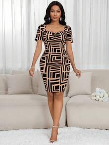 SHEIN Lady Vestido ajustado con cuello de corazón y estampado geométrico para mujeres - Multicolor - Ver 6