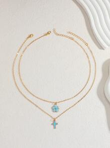 Conjunto de 2 peças de colares lindos com pingente de cinco pétalas e cruz para meninas, acessórios de joias para viagem, festa na praia, verão e uso diário