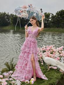 Faeriesty Luxe Elegant Beaded Tulle Evening Gown With Deep V-Neck & Sleeveless Design - Floral Embroidered Formal Dress For Galas, Wedding Banquets & High-End Parties