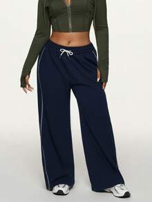 1pc Plus Size Women High Waist Loose Comfortable Minimalist Gym Fitness Running Weight Loss Contrast Color Drawstring Waffle Knit Straight Leg Pants - Navy Blue - View 1