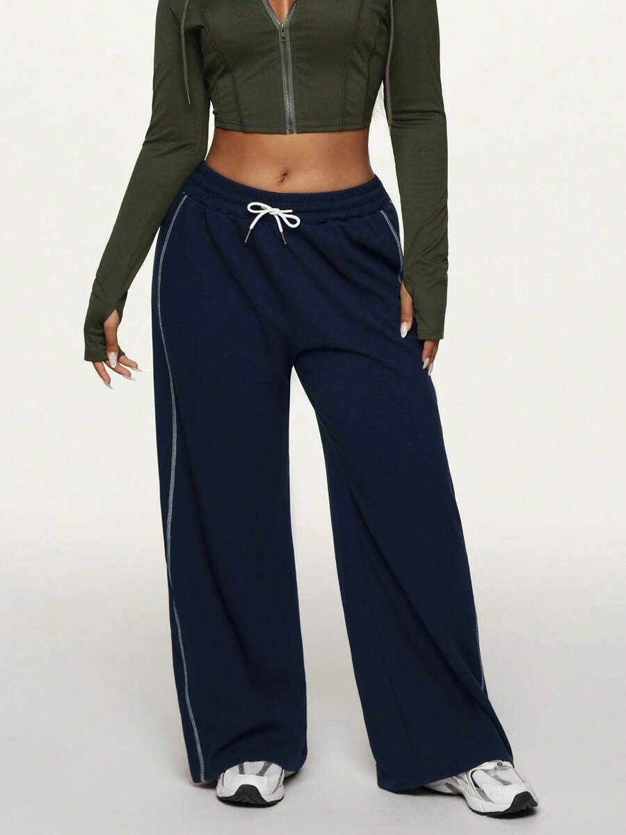 1pc Plus Size Women High Waist Loose Comfortable Minimalist Gym Fitness Running Weight Loss Contrast Color Drawstring Waffle Knit Straight Leg Pants - Navy Blue - View 1
