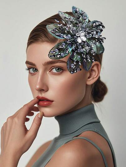 1pc Vintage Charming Black Crystal Flower Hair Clip, Handmade Crystal Leaf Hair Accessory, Suitable For Wedding, Party, Holiday Gift, Ball, Photography