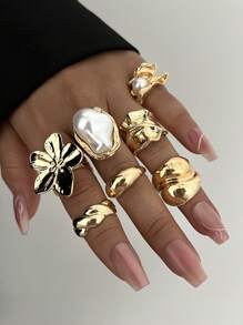 12/7/6/3pcs Set Oversized Textured Floral, Faux Pearl, Asymmetrical Shape, Minimalist Smooth Solid, Colorful Faux Gem, Heart Metal Chunky Rings, Fashion Elegant Vintage Chic Cute Retro Design, Suitable For Holiday, Party, Date, Gift, Daily Wear