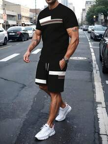 Men's Casual Sports Set, Summer 3D Printed T-Shirt And Shorts, Breathable Mesh Fabric - Deep Black - View 1