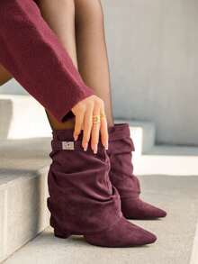 Women's Solid Color Pointed Toe Zipper Mid-Calf Boots With Buckle - Burgundy - View 2