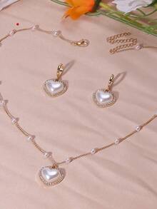 3Pcs Fully Rhinestoned Faux Pearl Heart Jewelry Set (Pearl Necklace With Differing Number Of Pearls From Image) - Multicolor - View 3
