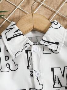 2pcs Back To School Outfit For Baby Boys: Casual Shirt And Sports Shorts Set With Allover Cute Letter Print, Summer