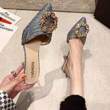 Mujeres Verano Exterior Desgaste Medio Chanclas French Rhinestone Tacones Altos Sandalias Baotou Tacón Fino - Azul - Ver 3