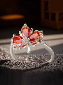 Gift Box Set Luxury Ruby Maple Leaf Shaped Open Band Ring, Sparkling Cubic Jewelry Suitable For Women, Engagement, Party, Festival Gift