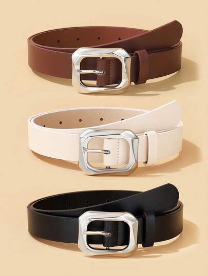 3pcs Silver Square Buckle Belts For Daily Wear With Dress, T-Shirt, Casual Pants, Fashion Luxury Women Accessories Waist Belt Set Fall, Autumn, Halloween