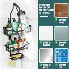 OYAJIA Shower Caddy Over Shower Head: Adjustable Hanging Bath Organizer With Soap Tray, 3-Tier Baskets & 4 Hooks For Razor, Loofah - Black Back To School - Black - View 4