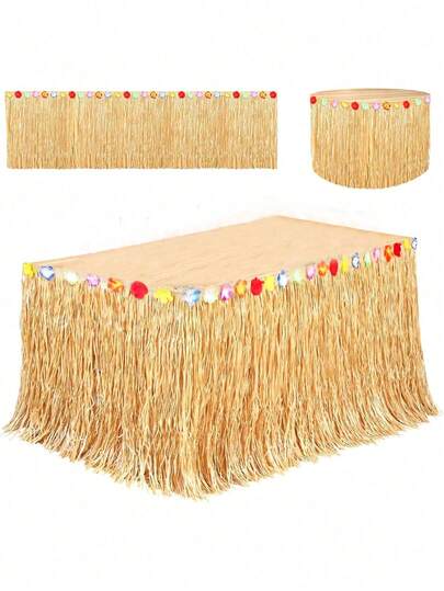 1pc Hawaiian Luau Straw Yellow Table Skirt With Tropical Hibiscus Flowers & Tassels Decor - Durable Plastic Machine-Made Table Cover For Beach Wedding, Baptism, Summer Parties - Festive Event Decoration, Hibiscus Leaf Pattern, Synthetic Foliage Decor
