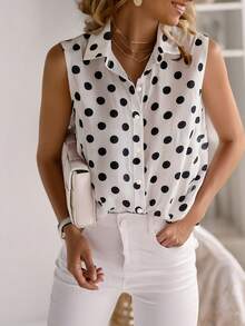 Retro Schwarz & Weiß Polka Punkt ärmellosTeil-Knopfleiste vielseitig tragbares Pendler Hemd
