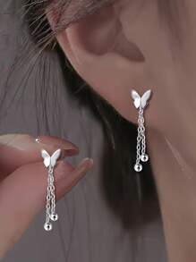 1 Pair S925 Sterling Silver Minimalist Sweet Butterfly Tassel Stud Earrings, Unique Design Gift, Versatile For Everyday Wear