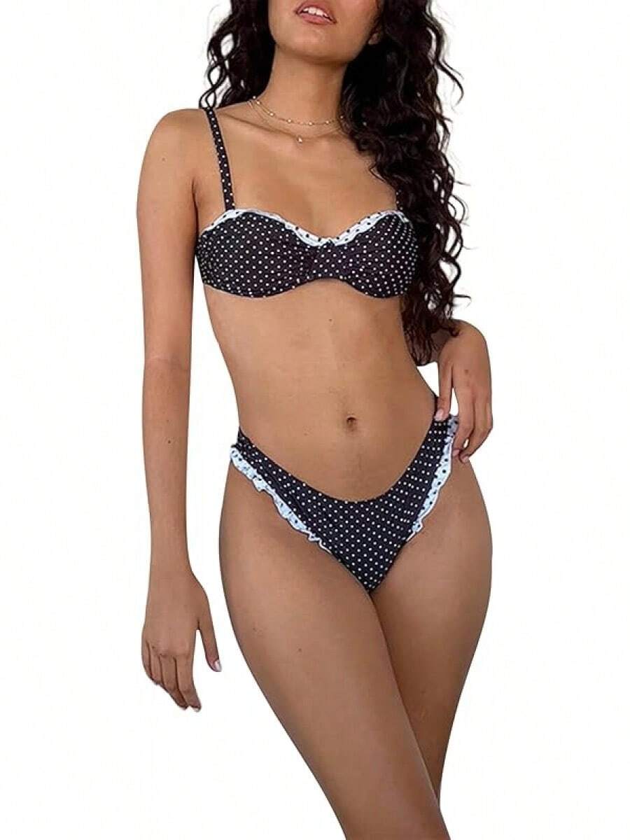 Alyweatry Women Y2K Bikinis Sets Coquette Aesthetic Bows Halter Tie Up Bikini Top High Cut Elastic Waist Bikini Bottom - 黑色波爾卡 - 查看 1