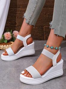 Plus Size Women Bohemian Rhinestone Embellished Wedge Sole Casual Beach Sandals - White - View 3