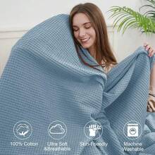 Entrega local - Manta de algodón lavada previamente con tejido de franela en tamaño queen para cama, manta de tiro a prueba de enganchones para sofá primavera-verano, ligera y transpirable, certificada Oeko-TEX, lavable a máquina, regalo de decoración del hogar- Blanca - Neblina azul - Ver 9