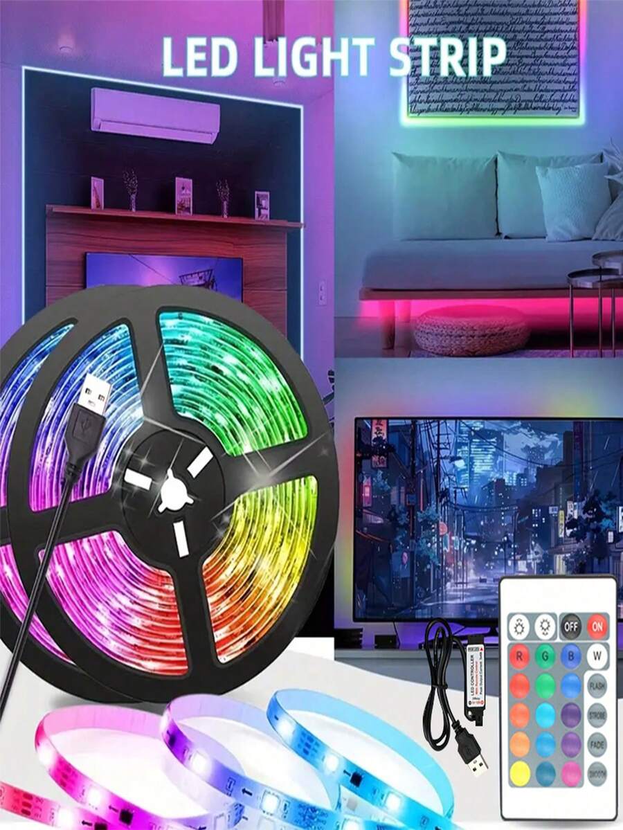RGB LED Strip Lights, TV Backlight With 24-Key Remote And Wireless Control, Suitable For Gaming, Bedroom, Party, Kitchen, Living Room, Holiday, Christmas, Ceiling, Wall, Indoor And Outdoor Decor, Party Supplies, Home Decor, Christmas Gift, Graduation Gift, Birthday Gift, Halloween Decor, Party Mood Lighting - Multicolor - View 1
