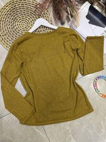 Long Sleeve Blouse In Soft Fabric With Rhinestones - Mustard Yellow - View 3