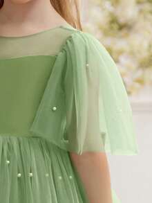 小女孩珍珠装饰网眼袖蝴蝶结派对礼服，优雅公主风格，适合女孩、生日礼物、派对、表演、花童礼服、婚礼、节日庆典 - 薄荷綠 - 查看 8