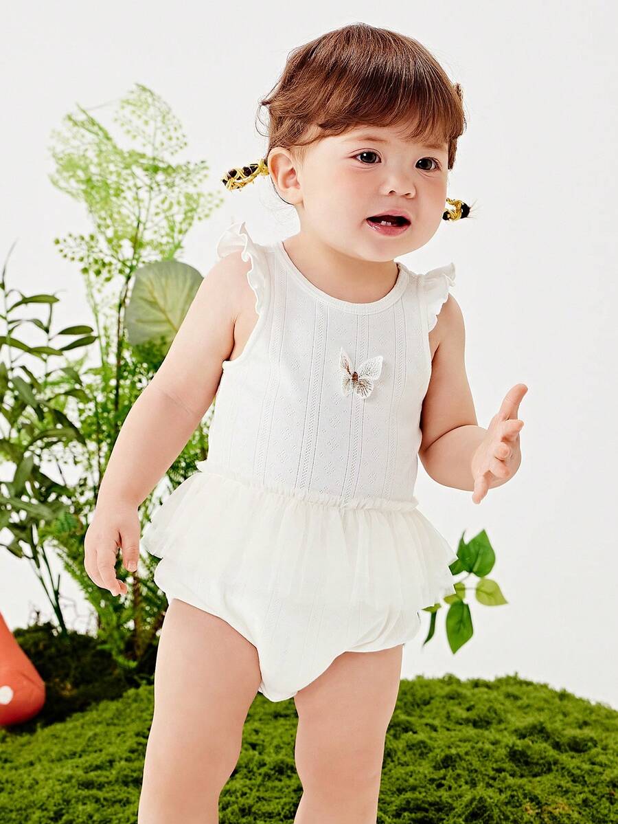 mini bala Baby Girls' Mesh Romper – Airy  With Skirt – Trianglar Gusset Design - Original White - View 1
