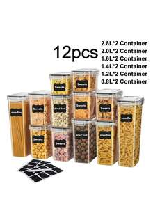15入組帶標簽封口食品收納盒，適用於儲存意大利麵、麵粉、糖、米、穀物、果仁和咖啡豆 - 保持廚房井然有序和食品新鮮! - 黑與白 - 查看 14