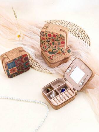 1/5pcs, Mini Pu Leather Vintage Printed Jewelry Box With Mirror, Can Accommodate Earrings, Rings, Necklaces, Travel Storage Box, Jewelry Earrings, Elegant Style Printed Jewelry Box, Multi-Function Jewelry Storage Box, Zipper Convenient Jewelry Bag, Exquisite Cosmetics And Lipstick Storage Bag, Mother's Day Gift, Girls Gift, Handbag Storage For Women Storage Organizer Travel Essentials Gift Back To School