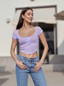 Women's Button Up Crop Top Ribbed Scoop Neck Cap Sleeve Shirt Slim Fit Summer Blouse For Casual Streetwear - Purple - View 6