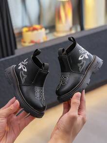 1 双儿童秋冬新款侧拉链刺绣靴，时尚百搭女童刺绣户外防滑靴 - 黑色 - 查看 14