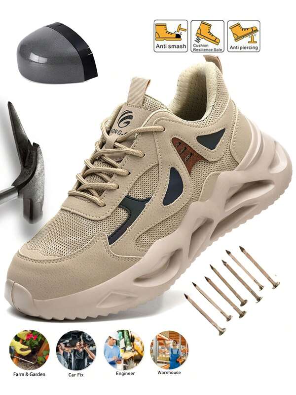 1 Paar atmungsaktive Khaki Arbeitsschuhe für Männer mit Stahlkappe, unzerstörbare Sneaker, leichte Sicherheits-Stahlkappen-Trainer für Frauen mit EVA-Sohle für Bau, Lager, Wandern, Outdoor, Arbeits-Trainer Sport-Sicherheits-Sneaker, Muttertags-Geschenk