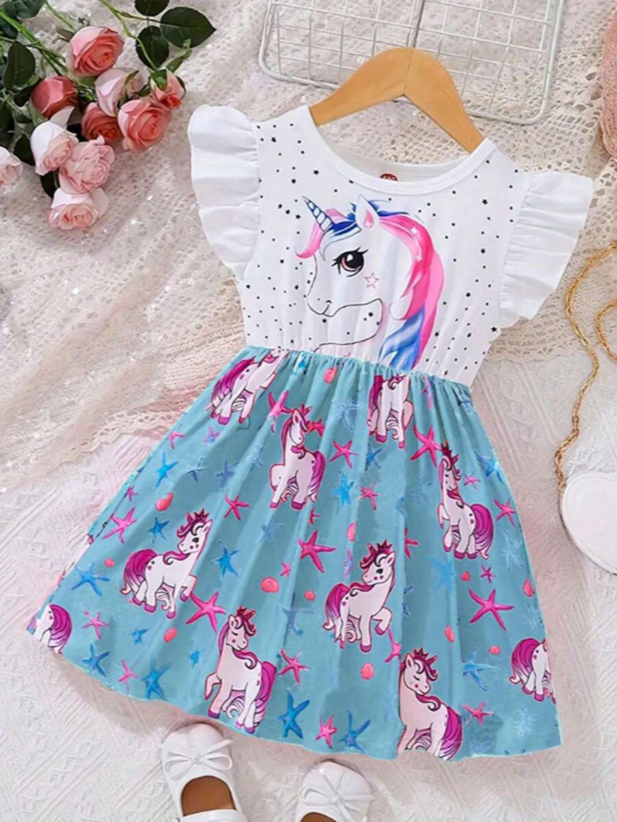 Girls' Fashion Cap Sleeve Dress, Unicorn Print Patchwork Dress, Cute Princess Dress For Girls, Summer
